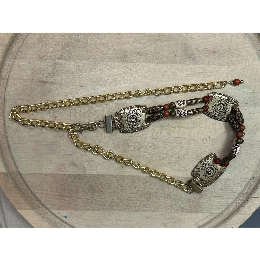 Vintage‎ Boho Western Concho Chain Belt Brass Tone Beaded Small Adjustable Women